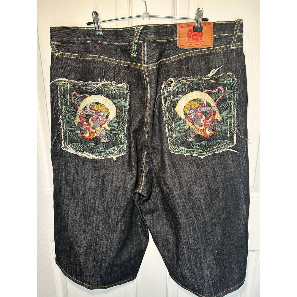 Red Monkey Company RMC Raijin Thunder God Embroidered Raw Denim Shorts‎ Size 40